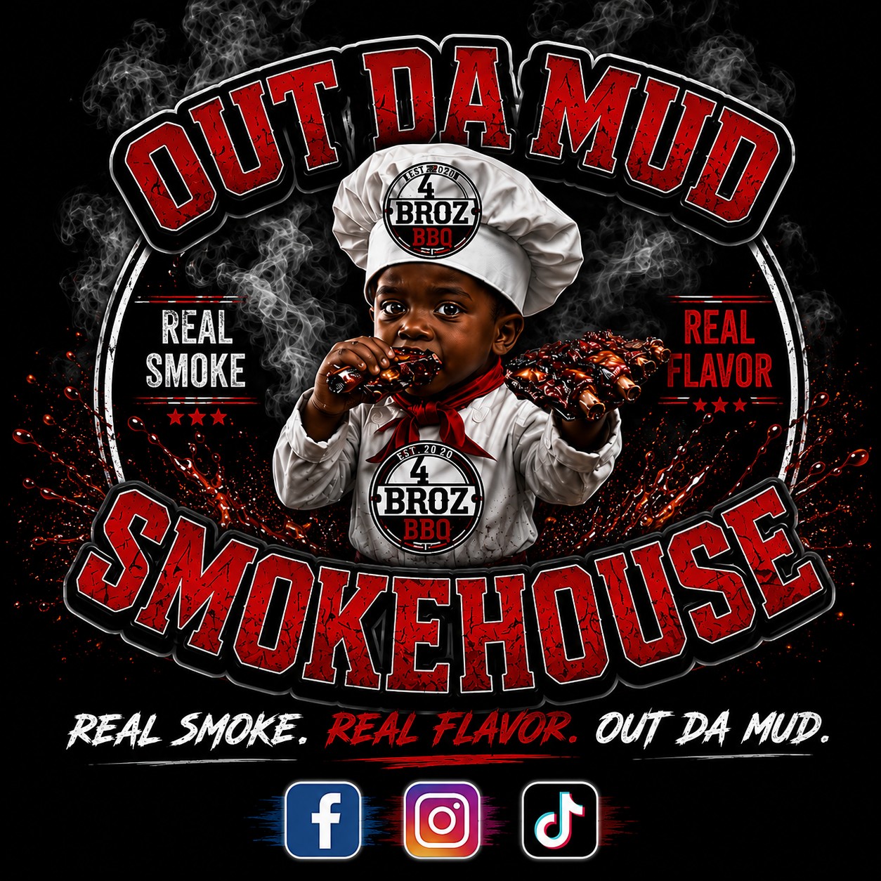 Out Da Mud Smokehouse logo — 4 Broz BBQ. Real smoke, real flavor, out da mud.